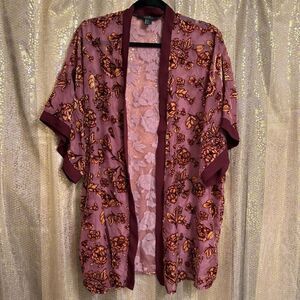 Forever 21 Maroon Golden Floral Velvet Burnout Open Front Kimono Small